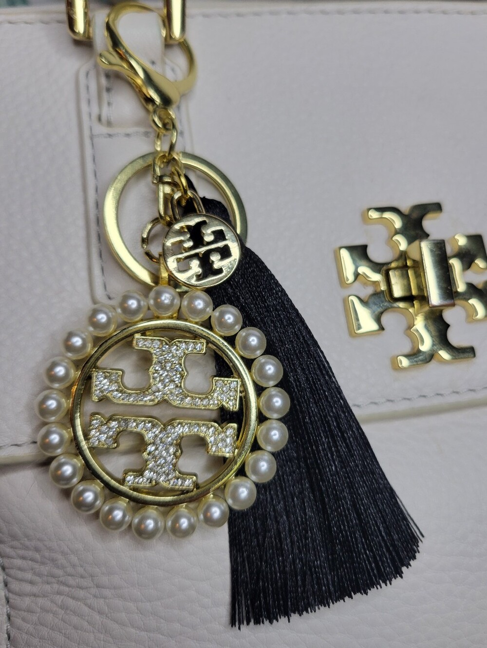 Gold Crystal & Black Pearl Tassel Keychain